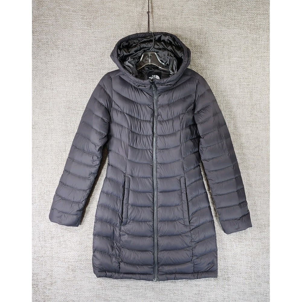 The North Face Long Down Puffer Jacket 550 Womens XS Gray Hooded Coat Parka